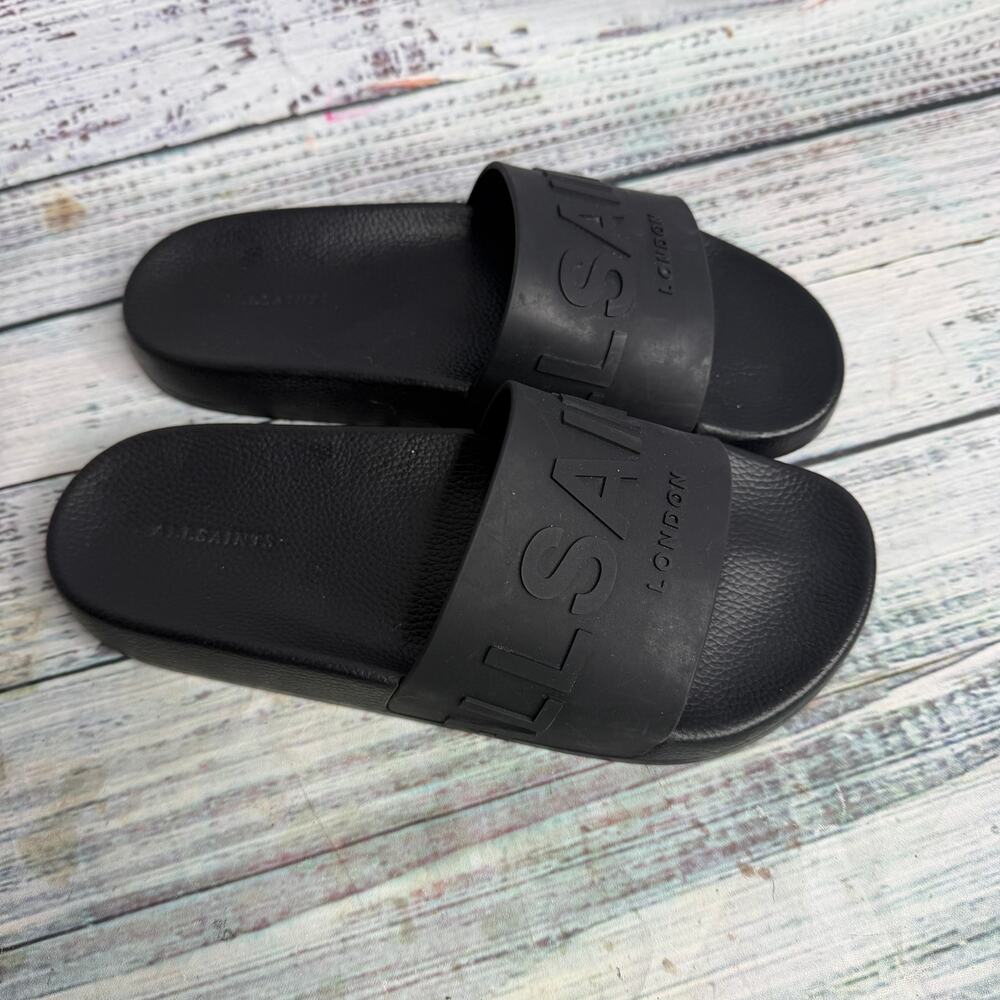 AllSaints Black Logo Pool Slide Sandals Women’s US 8 EU 38 Slip On